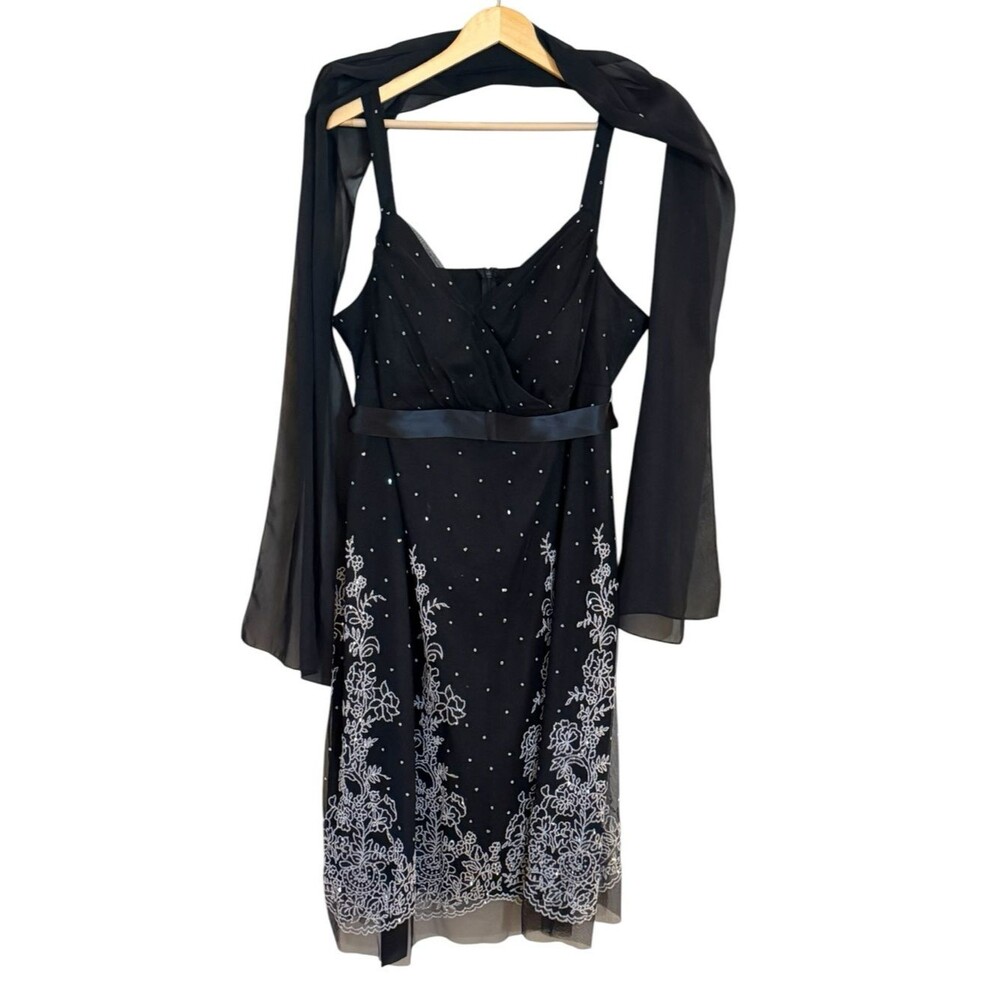 Black sparkle Floral Evening Cocktail Dress with Sheer Wrap